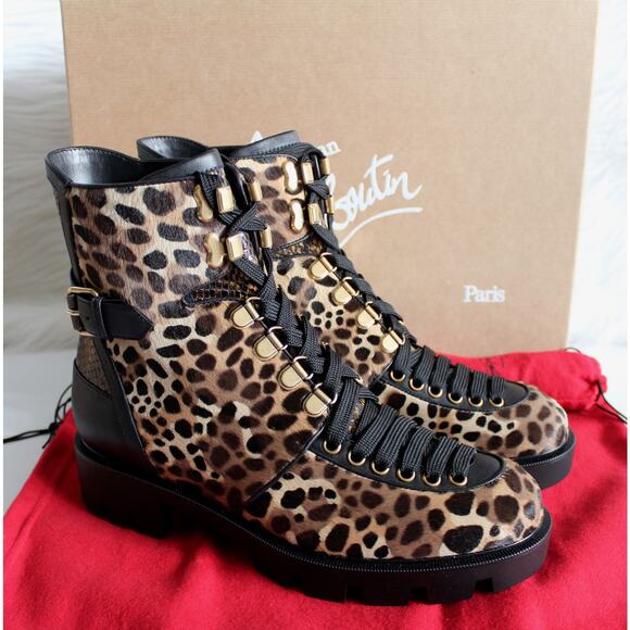 Christian Louboutin Macademia Leopard-Print Calf Hair Snake Moto Combat Booties - Picture 5 of 15